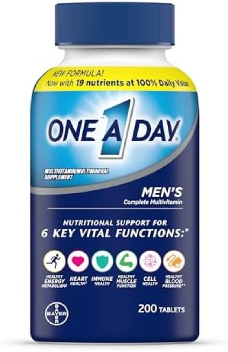 One A Day Men’s Multivitamin, Supplement Tablet with Vitamin A, Vitamin C, Vitamin D, Vitamin E and Zinc for Immune Health Support, B12, Calcium & more, 200 count (Packaging May Vary)